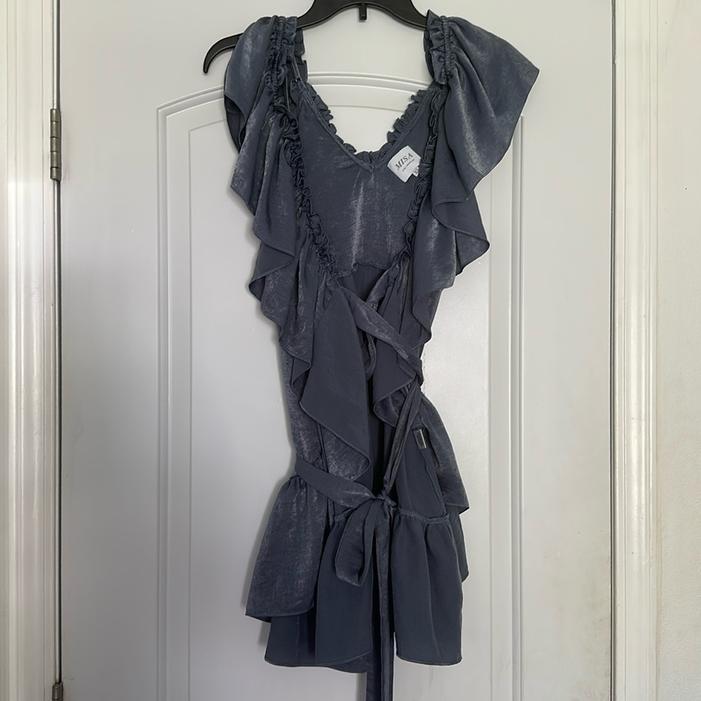 Misa Valerya Ruffle Trim Cold Shoulder Wrap Mini Dress Gray Women's Size XS